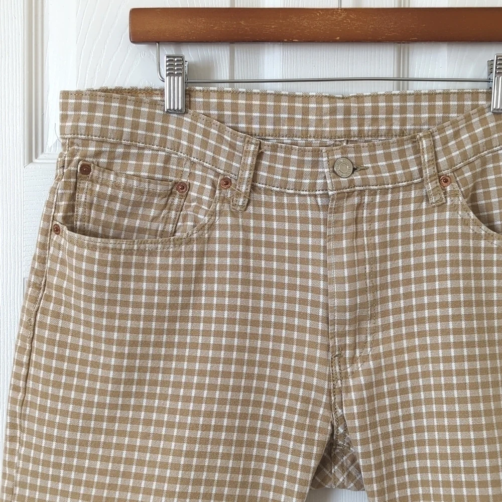 Levi's 504 Classic Checkered Plaid Regular Fit Jean Shorts Tan Brown White 38